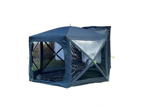 blått popup telt med tunnell montert på en bobil
