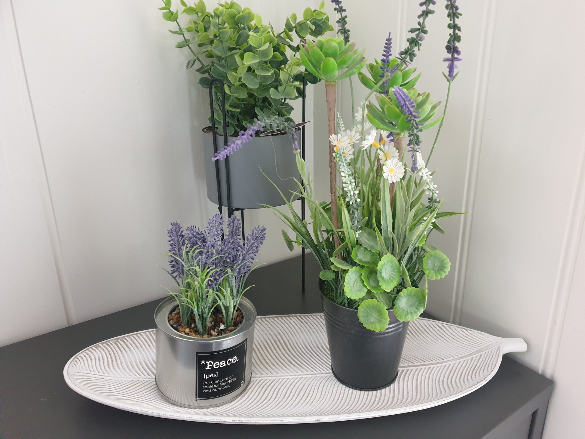 3 planter plassert på en grå benk