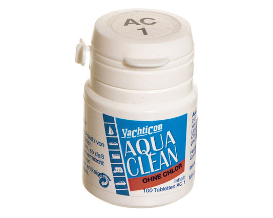 aqua clean vannrensemiddel uten klor boks med 100 tabletter på hvit bakgrunn