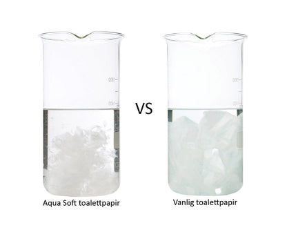 to gjennomsiktige beholdere fylt med vann og toalettpapir viser forskjellen på oppløsning ved bruk av thetford aqua soft toalettpapir og vanlig toalettpapir
