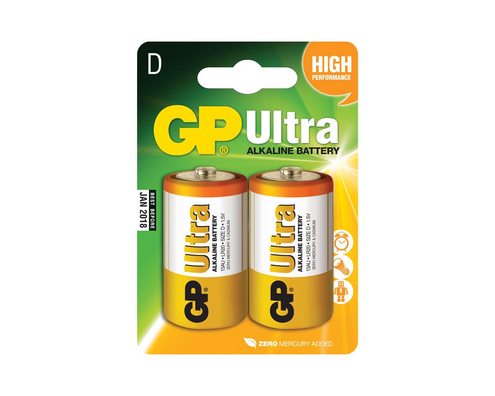 grønn og gul pakning med 2 gp ultra batterier 