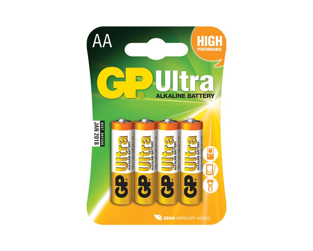 4  pakning i grønn og gul farge med AA GP ultra  batterier på hvit bakgrunn