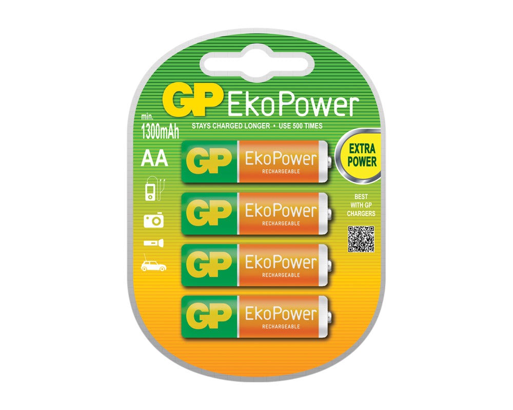 4 stk GP eko power oppladbare batterier i en grønn og oransje pakning