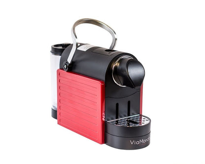viamondo kapselkaffemaskin tofarget rød og sort på hvit bakgrunn