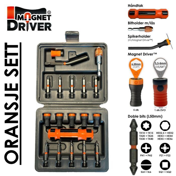 MAGNET DRIVER™ - Praktisk etui med 6 skrueholder, 10 doble bits, Spikerholder, bitholder og håndtak (Oransje sett) - Hjem & Fritidsshoppen.no