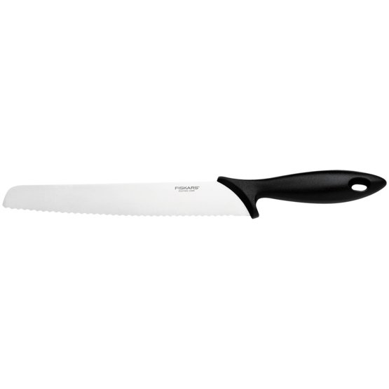 fiskars essential brødkniv i rustfritt ståt med sort håndtak vist på hvit bakgrunn