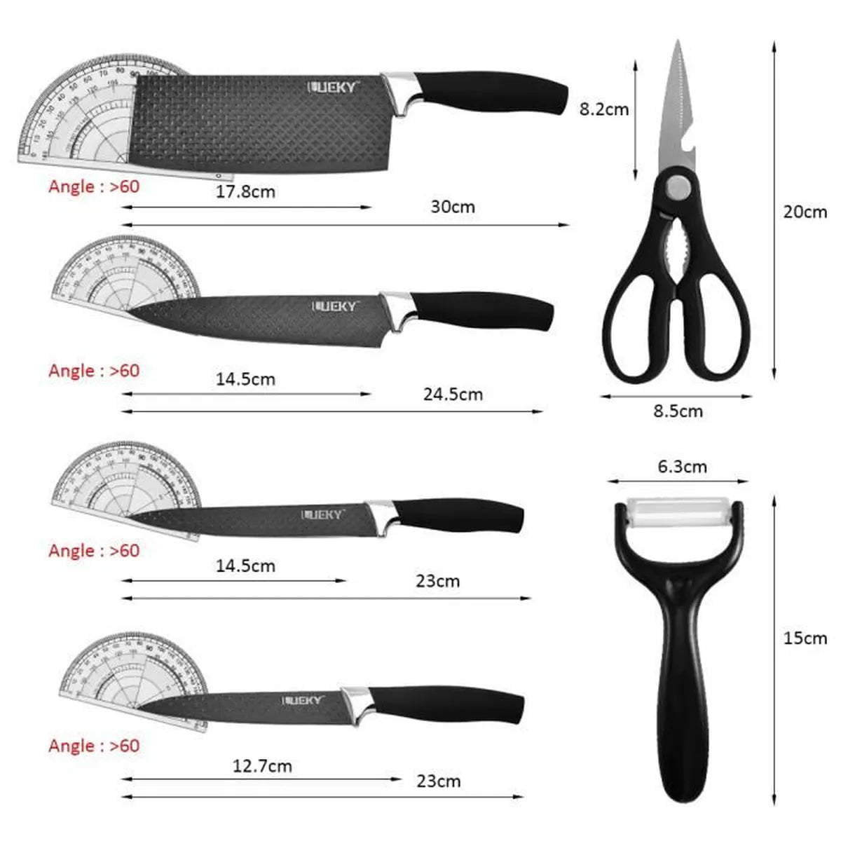 oversiktbilde over kniver og saksers lengde vinkel på skjæreblad og lengde på håndtak, alt på hvit bakgrunn
