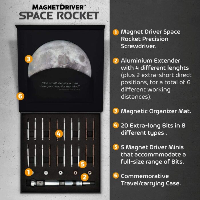 Magnet driver space rocket pakning med innhold notert ved siden