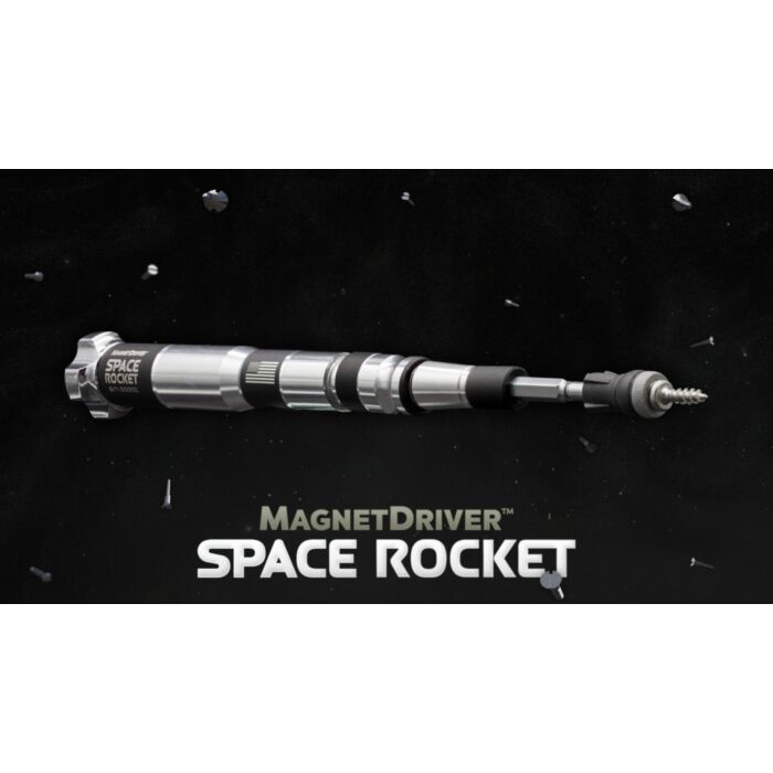 magnet Driver Space Rocket på sort bakgrunn med sølv og hvit farget tekst og logo