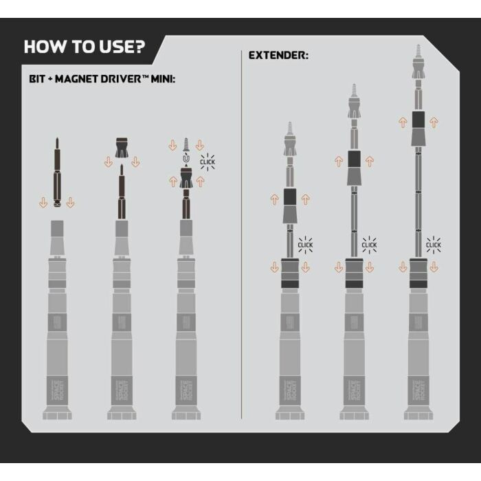 bruksanvisning med forklaring på hvordan bruke og de ulike bruksmulighetene til Magnet Driver Space rocket