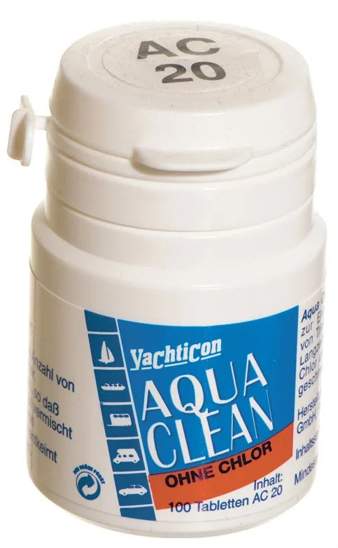Yachticon Aqua clean vannrensemiddel ac 20 boks med 100 tabletter, blå etikett på hvit bakgrunn