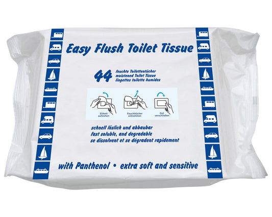 easy flush toalettpapirpakke med blå tekst på hvit bakgrunn