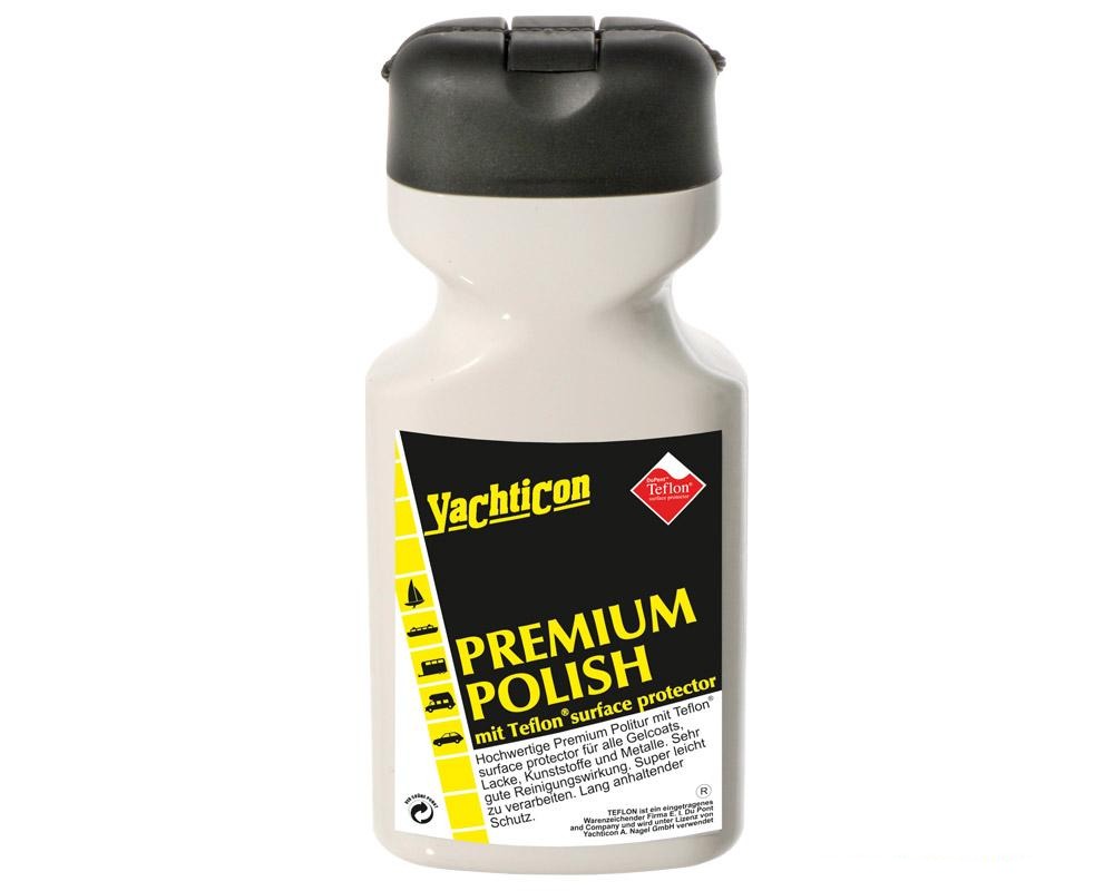hvit flaske premium polish, sort etikett med gul skrift