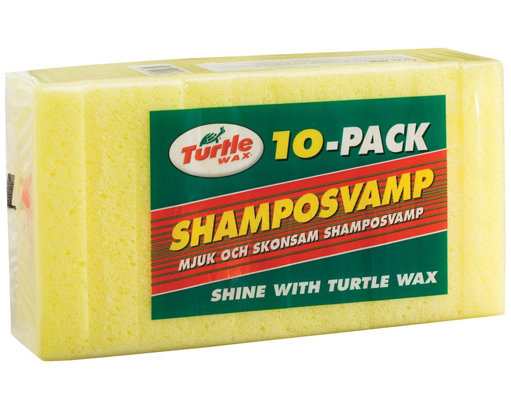 gul pakke med turtle wax svamper med shampoo på hvit bakgrunn