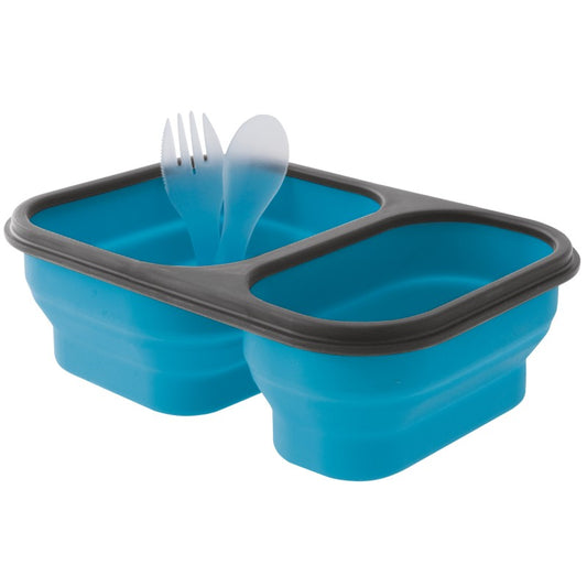 blå matboks med skje og gaffel