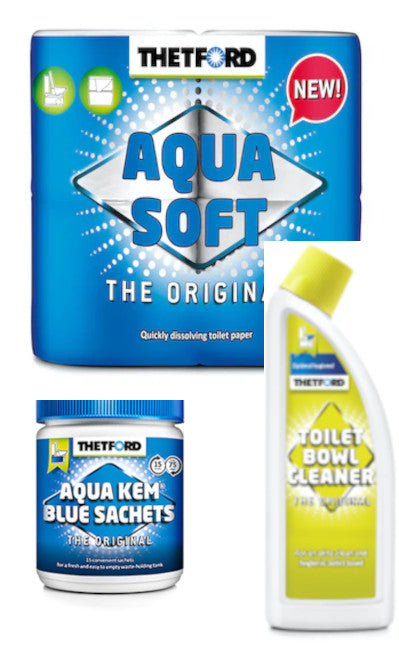 Thetford sanitærpakke med bestselgere toalettrpapir, blue savhets og bowl cleaner på hvit bakgrunn