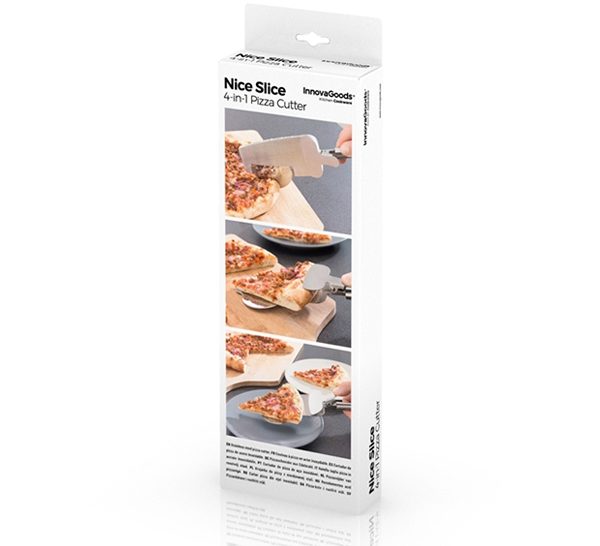 Pizzaskjærer nice slice 4 i 1 pizza kutter i pakning på hvit bakgrunn